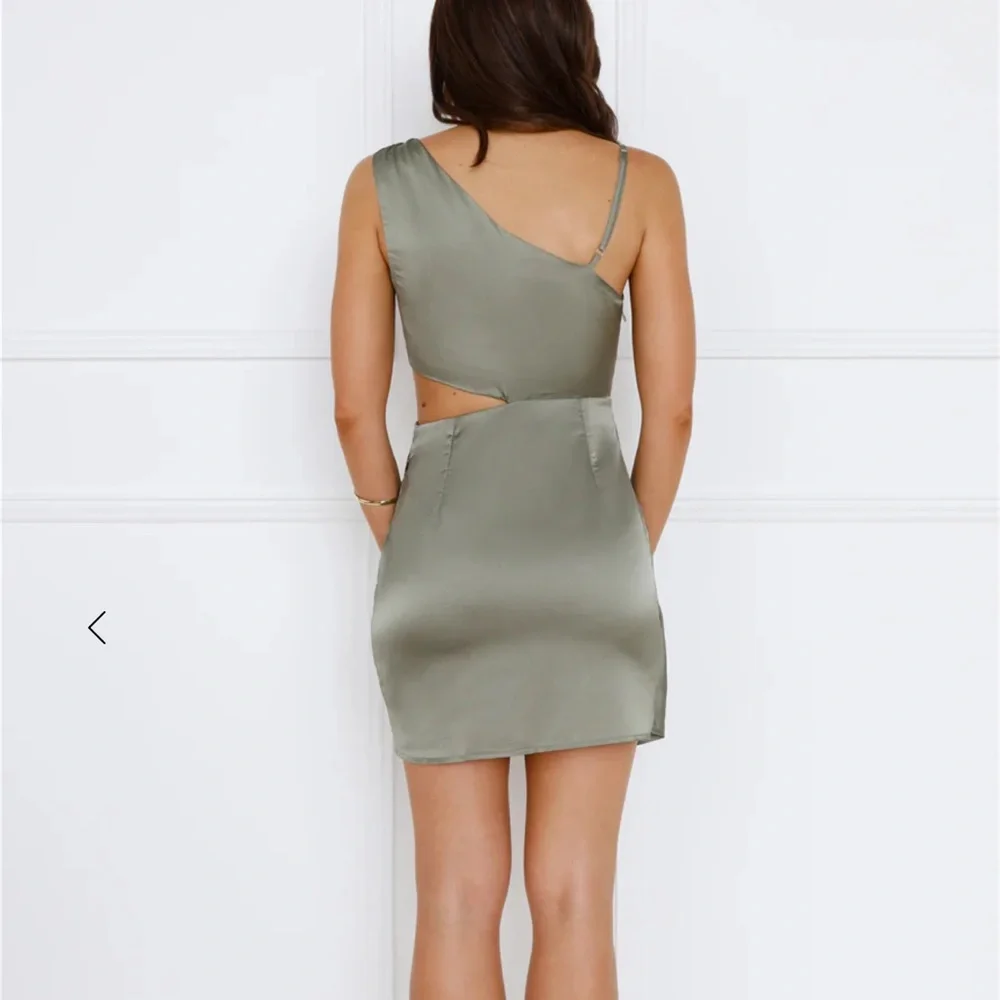 Hello Molly Asymmetrical Satin Dress in Olive - Picture 6 of 7